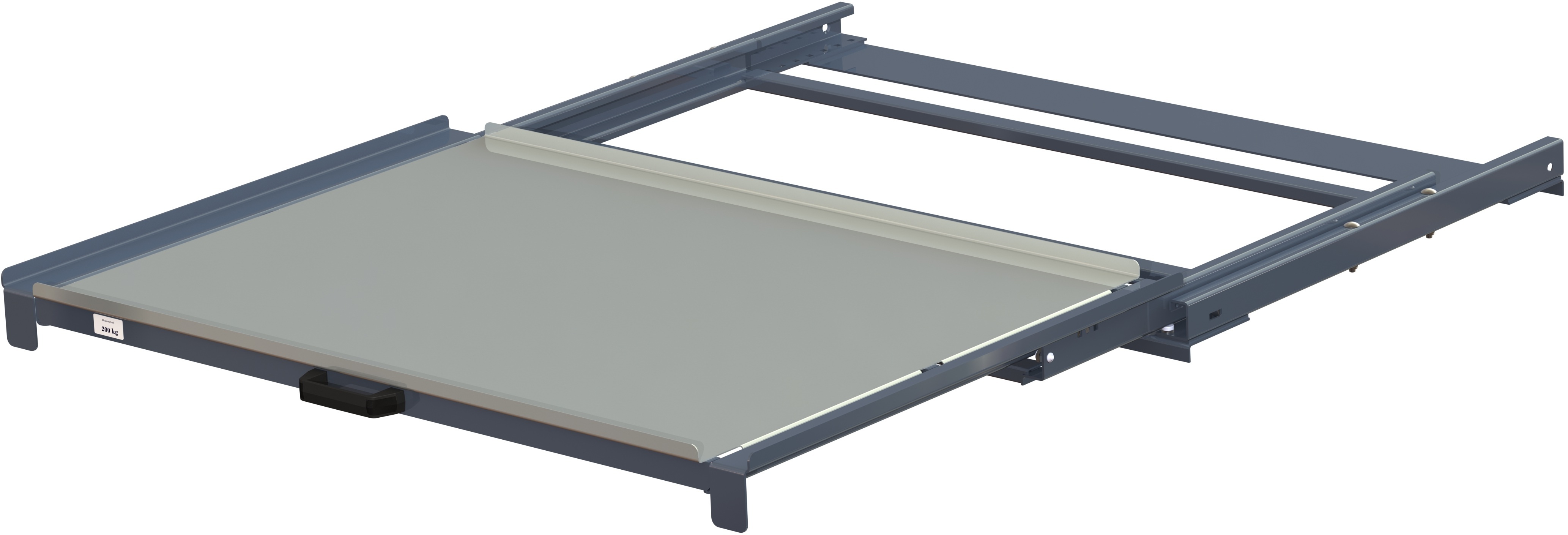 Utdragsenhet med stålplan, 100% utdragskapacitet, 200 kg lastkapacitet, b=1200 d=800 Utdragsenhet med stålplan, 100% utdragskapacitet, 200 kg lastkapacitet, b=1200 d=800